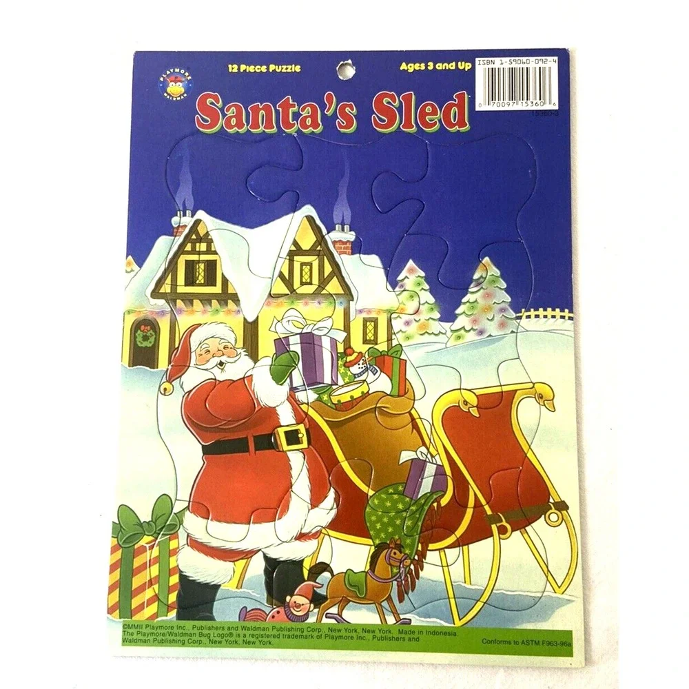 Vtg Playmore Puzzles 12 Piece Cardboard Christmas Set of 4 Ages 3+ Santa Tree